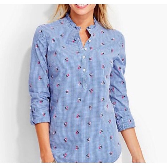 Talbots Floral Embroidered Gingham Blue White Check Roll Tab Sleeve Shirt Large - Picture 1 of 11